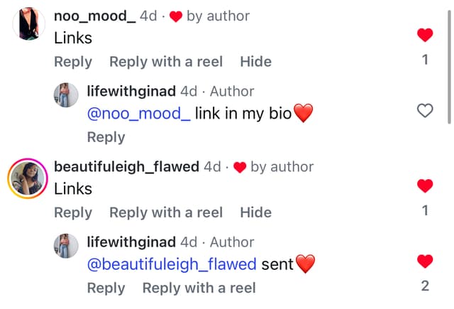 Instagram comment asking for a link to the outfit
